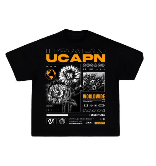 Black t-shirt with UCAPN branding on front and back